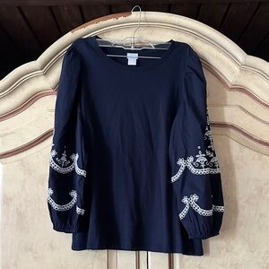 Chico’s Women's Navy Embroidered Balloon-Sleeve Top